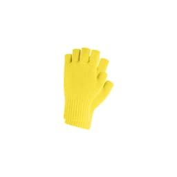 Bright yellow knitted fingerless gloves with a ribbed cuff and a woven label. Suitable for children's accessories.
