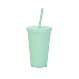 A mint green plastic cup with a lid and straw, suitable for beverages. Features a logo on the cup.