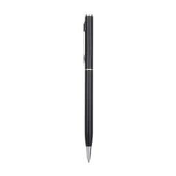 A sleek black aluminium cross pen with a silver clip and tip. It features a minimalist design and has branding.