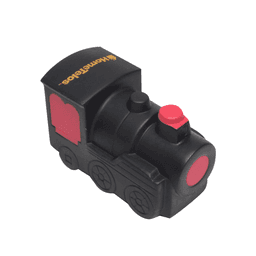 A black and red locomotive-shaped stress reliever with a logo on top.