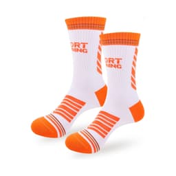 A pair of white sport socks with orange accents and stripes, featuring a logo on the upper part.