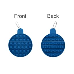 A round blue silicone bubble board featuring push-poppable bubbles on both sides and a clip for attachment.