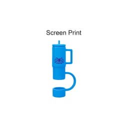 A drink bottle in blue, featuring a cup-shaped silicone straw cover with a handle and a logo.