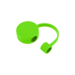 A drink bottle accessory in vibrant green, featuring a round silicone straw cover with a connecting loop.