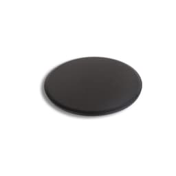 A black yoga sliding disk with a smooth, circular design and a glossy finish, featuring branding.