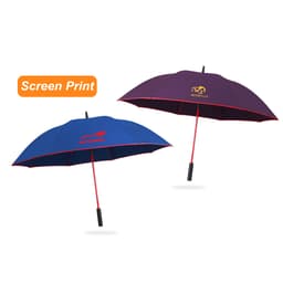 A blue and a purple car umbrella, both with red handles. Each features a logo on top.