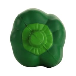 A green capsicum-shaped stress reliever with a textured surface and a round base, featuring a logo.