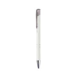A metallic click pen in white with silver accents, featuring a logo on the clip.
