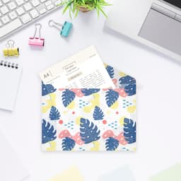 A4 clear file envelope featuring a colourful leaf design in blue, pink, and yellow, with a document inside.