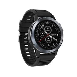 A round smart watch with a black strap and silver casing, featuring a digital display with various watch faces.