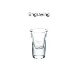 A clear glass shot glass with a smooth design and a logo. Suitable for a set of six pieces.