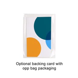 A transparent packaging featuring a backing card with abstract circles in teal, orange, and white.