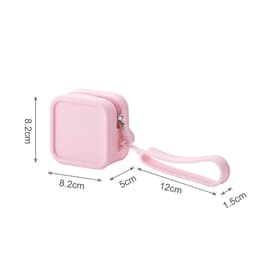 A pink square silicone coin pouch with a zipper and a loop handle, measuring 8.2cm by 12cm.