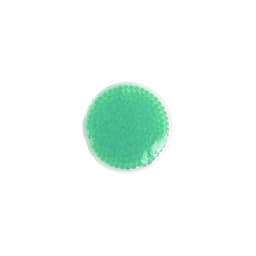 A green gel cold/hot pack with small round beads, encased in a clear plastic outer layer.
