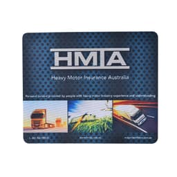 A mouse mat featuring a blue and black design with a logo, depicting trucks and various road scenes.