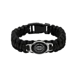 A braided paracord bracelet in black, featuring a themed pendant with a logo and decorative accents.