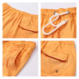 Men's polyester spandex swim shorts in vibrant orange, featuring an elastic waistband, drawstring, and a side pocket.