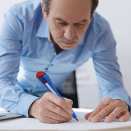 A blue and red knife-shaped ballpoint pen being used by a man in a light blue shirt while writing on paper.