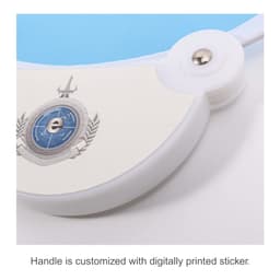 A foldable fan with a blue fabric section and a white handle featuring a customised design and a logo.