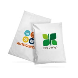 Biodegradable mailer bags in white, featuring logos on the front. One bag is larger than the other.