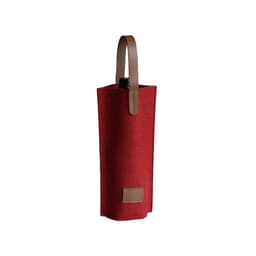 A red felt wine bag with a brown handle and a branded patch. Ideal for carrying a single wine bottle.