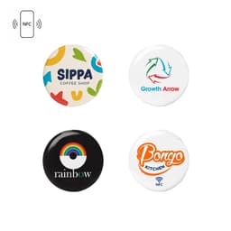 Four round epoxy stickers featuring vibrant designs, including a colourful logo, on a white and black background. Each has a logo.