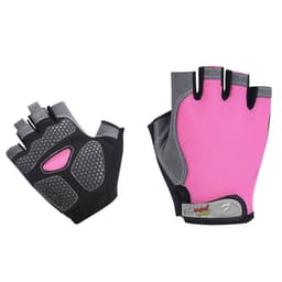 Anti-slip bike gloves in grey and pink, featuring a textured grip and fingerless design. Includes a logo on one glove.