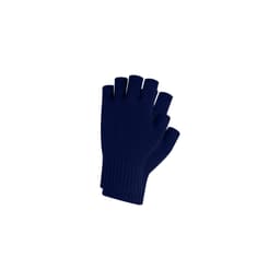 A pair of navy blue knitted fingerless gloves featuring a woven label.