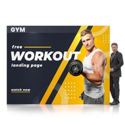 A large promotional display wall featuring a muscular man lifting weights, primarily in black and yellow colours, with branding.