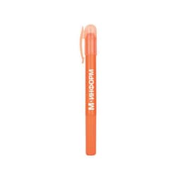 An orange highlighter crayon with a clear cap and textured grip, featuring a logo on the body.