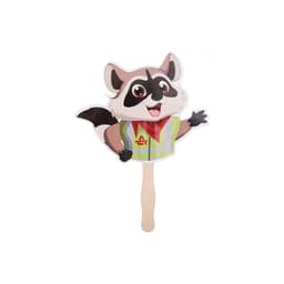 A custom-shaped paper hand fan featuring a smiling raccoon character wearing a safety vest, with a wooden handle.