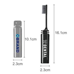 A foldable toothbrush in black with a grey case beside it, both showing dimensions for reference.