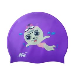 A purple swimming cap featuring a cartoon character with goggles and bubbles, along with a logo.