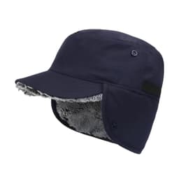 A thickened navy earflap hat with a plush lining and adjustable flaps on the sides. Features a logo on the side.