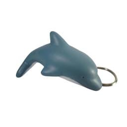 A blue dolphin-shaped stress reliever with a keyring attachment. The product features a smooth, soft texture.
