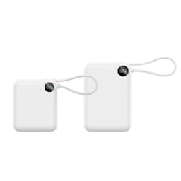 A white 10000mAh power bank with a charging cable, featuring a digital display and a loop for easy carrying.