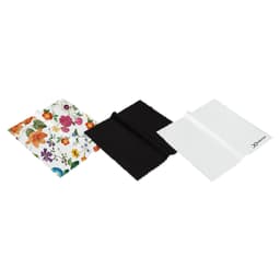 A set of three RPET lens cloths in floral, black, and white designs, featuring varied textures and shapes.