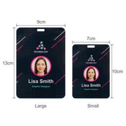 An acrylic name tag in two sizes, featuring a dark background with pink and blue accents and a logo.