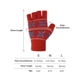 Red fingerless gloves with a blue snowflake design and measurements for palm circumference and glove length.