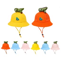 A collection of dinosaur-themed bucket hats in yellow, orange, pink, and blue, each with a small dinosaur plush detail on top.