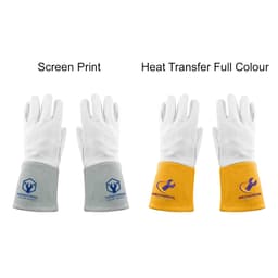 Heat resistant gloves in grey and white, and yellow and white, featuring different patterns and a logo on the yellow pair.