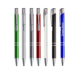 A set of eight aluminium click pens in green, silver, red, black, white, and blue, featuring a logo on one pen.