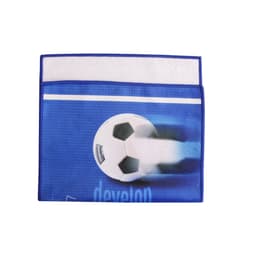 A blue sports towel featuring a soccer ball graphic, with a white, absorbent backing and a logo.