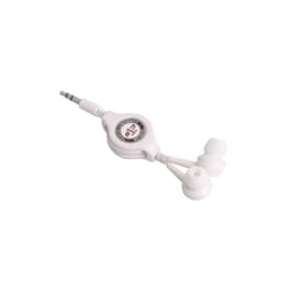 A pair of white retractable earbuds with a circular retracting mechanism and a three-pronged audio jack.