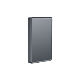 A black aluminium power bank with a sleek design, featuring a logo on the surface.
