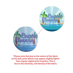 A round water bouncing disc featuring a colourful design with palm trees and the text "Coastal Cleanup." It has a logo.