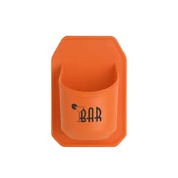 An orange shower stubby holder with a curved design and a logo featuring a drink icon.