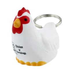A white rooster-shaped stress reliever keyring with red and yellow accents, featuring a branding logo.