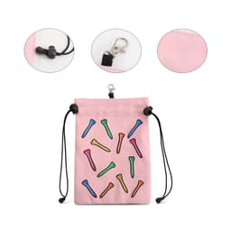 A pink pouch featuring colourful golf tees, drawstring closure, and a clip. It has a logo and stitching detail.