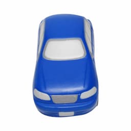 A blue sedan car-shaped stress reliever with a smooth finish and white accents. It also has branding.